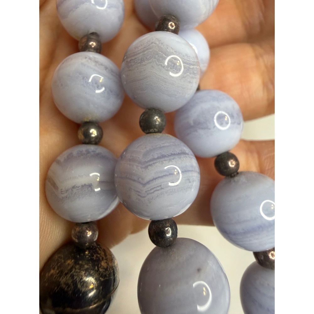 Blue Lace Agate Beaded Necklace Magnetic Clasp Natural Stone 20 Inch